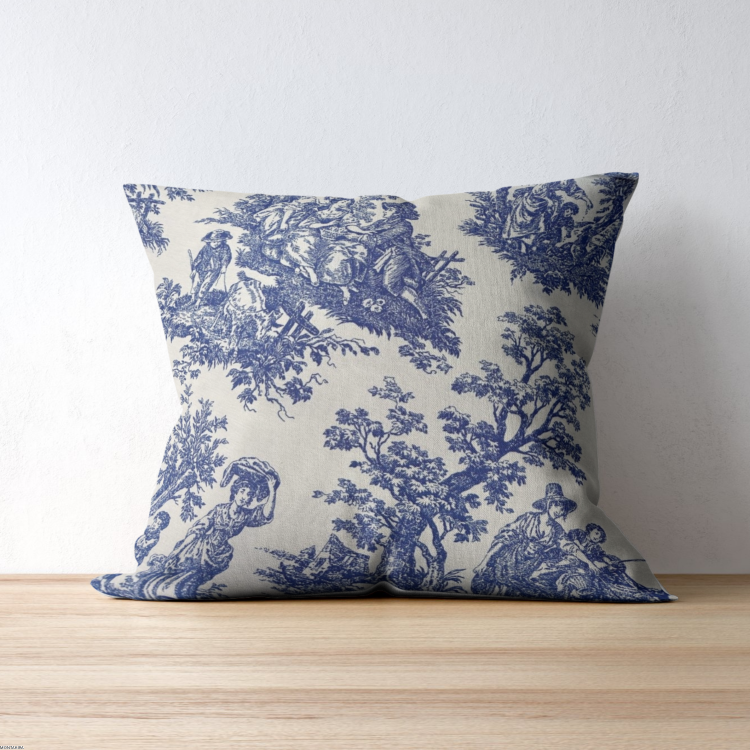 Poduszka bawełniana z wzorem Toile de Jouy niebieski