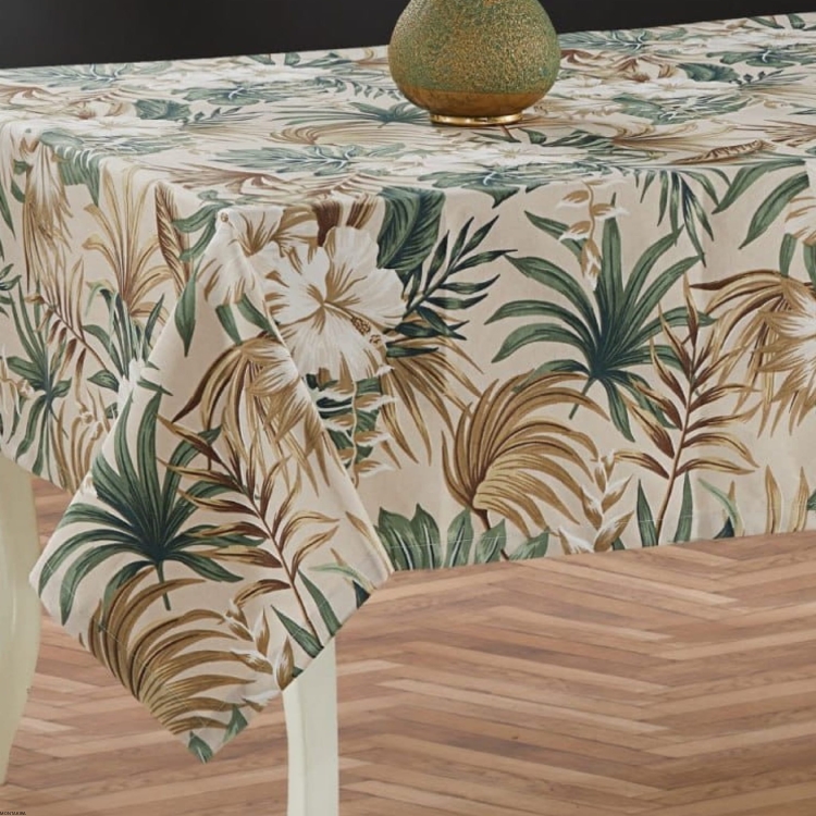 Bawełniany prostokątny obrus plamoodporny z wzorem Kwiaty beżowego koloru