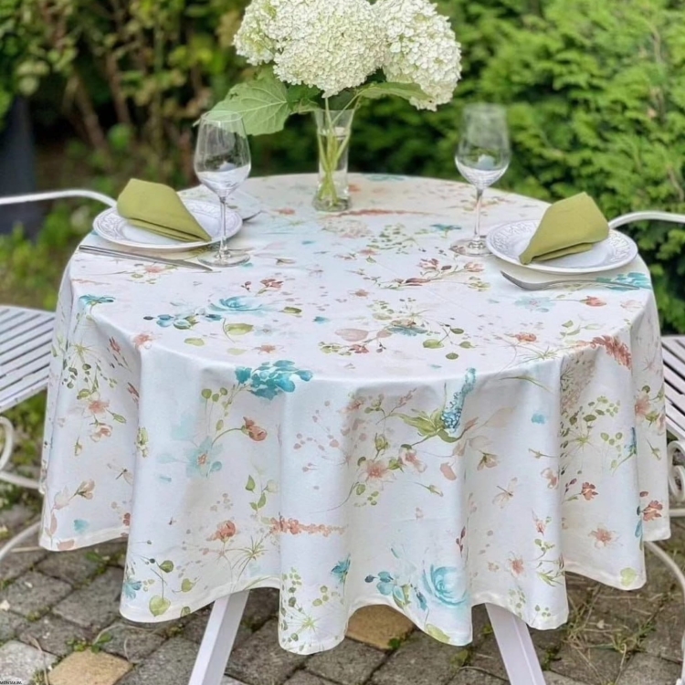 Okrągły obrus biały plamoodporny bawełniany z wzorem Kwiaty