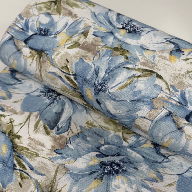 Owalny bawełniany obrus plamoodporny Kwiaty niebieskie