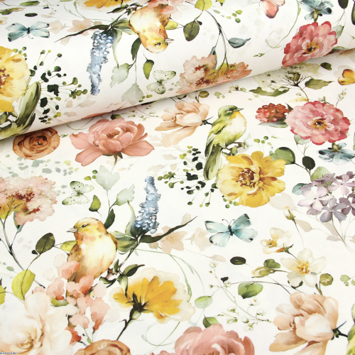 Prostokątny bawełniany obrus plamoodporny z wzorem Kwiaty Duże i Ptaki