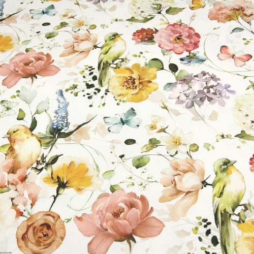 Prostokątny bawełniany obrus plamoodporny z wzorem Kwiaty Duże i Ptaki