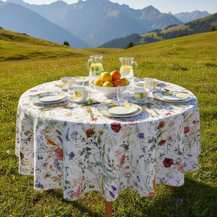 Okrągły obrus plamoodporny bawełniany z wzorem Kwiaty