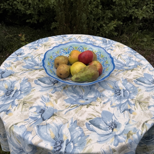 Okrągły bawełniany obrus plamoodporny Duże kwiaty błękitny