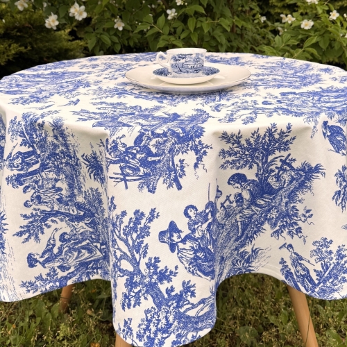 Okrągły bawełniany obrus plamoodporny – niebieski Toile de Jouy