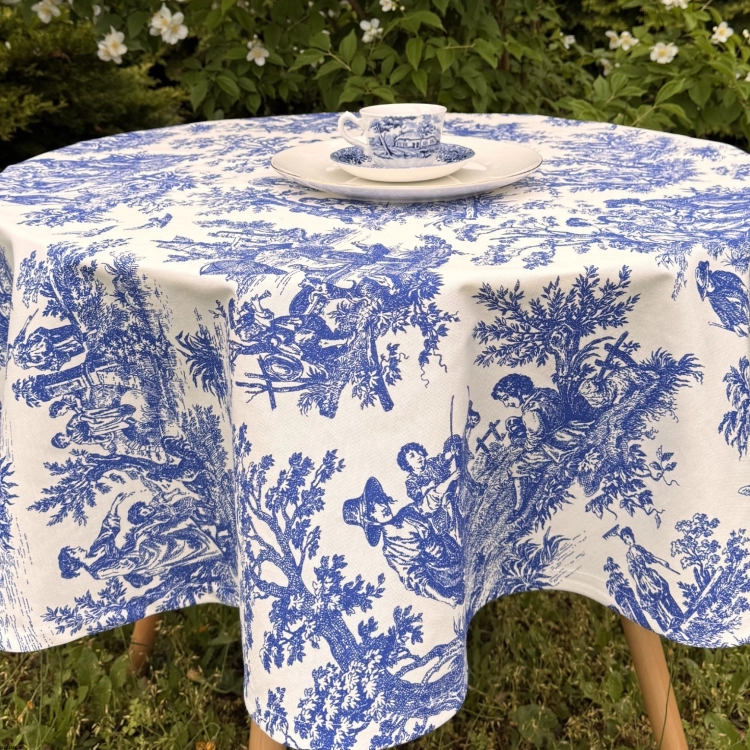 Okrągły bawełniany obrus plamoodporny – niebieski Toile de Jouy